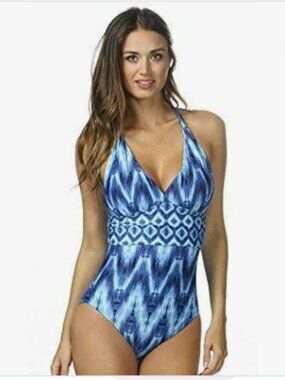 La Blanca Desert Mirage Crossback One-Piece Swimsuit in Blue / White Sz 10